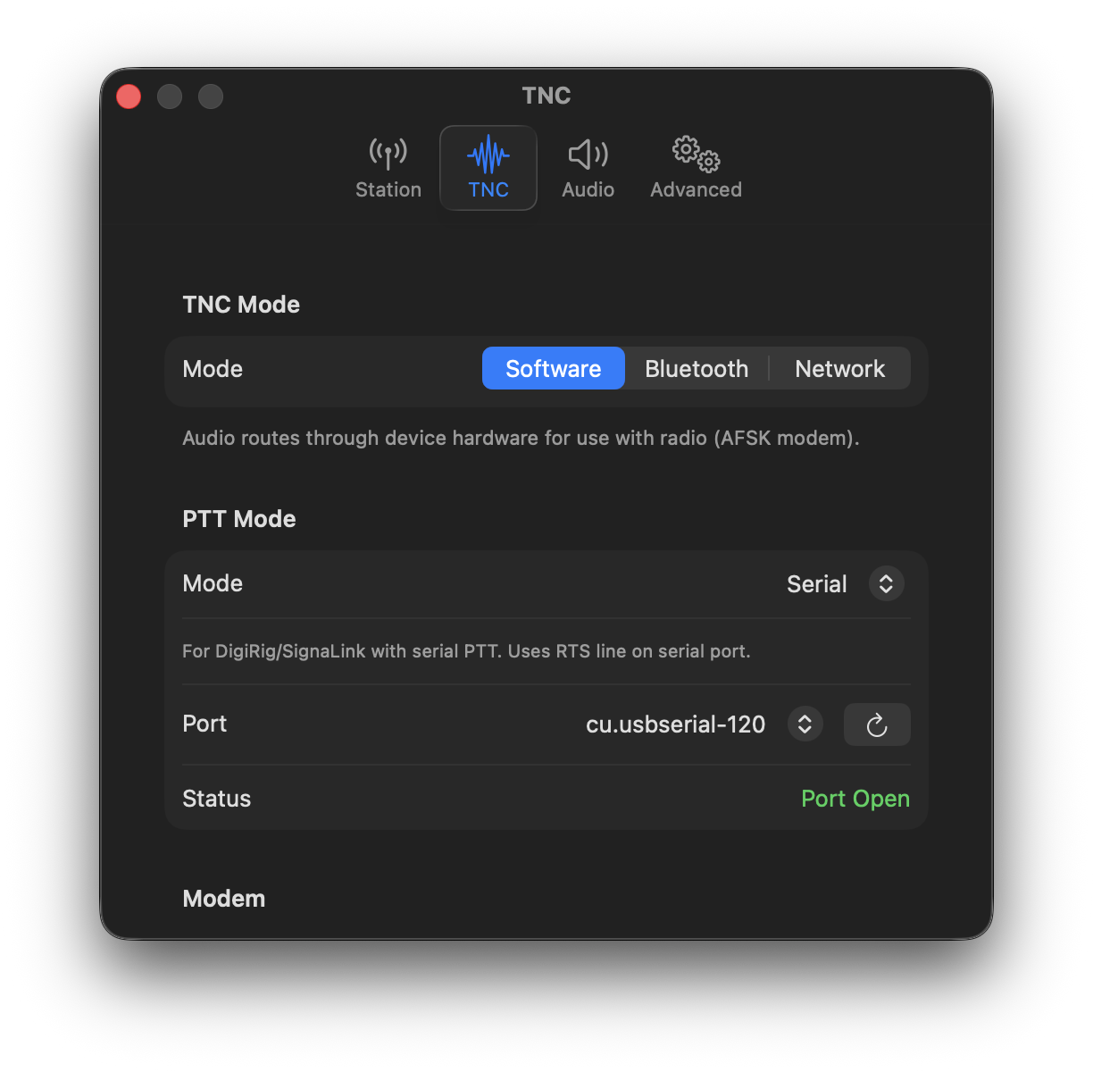 PacketMessage macOS serial PTT settings for Digirig
